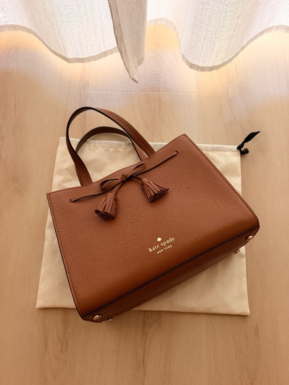 Kate Spade Hayes Pebbled Leather Small Satchel Crossbody Tote Tassel Brown